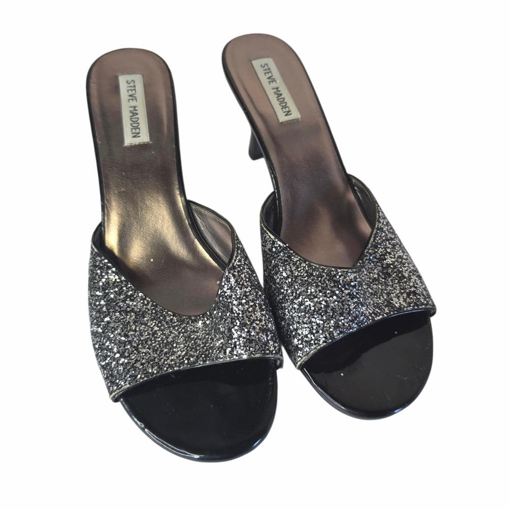 Vintage Steve Madden Y2K Glitter Kitten Heel Mules 11M Sparkly Party Glam Silver